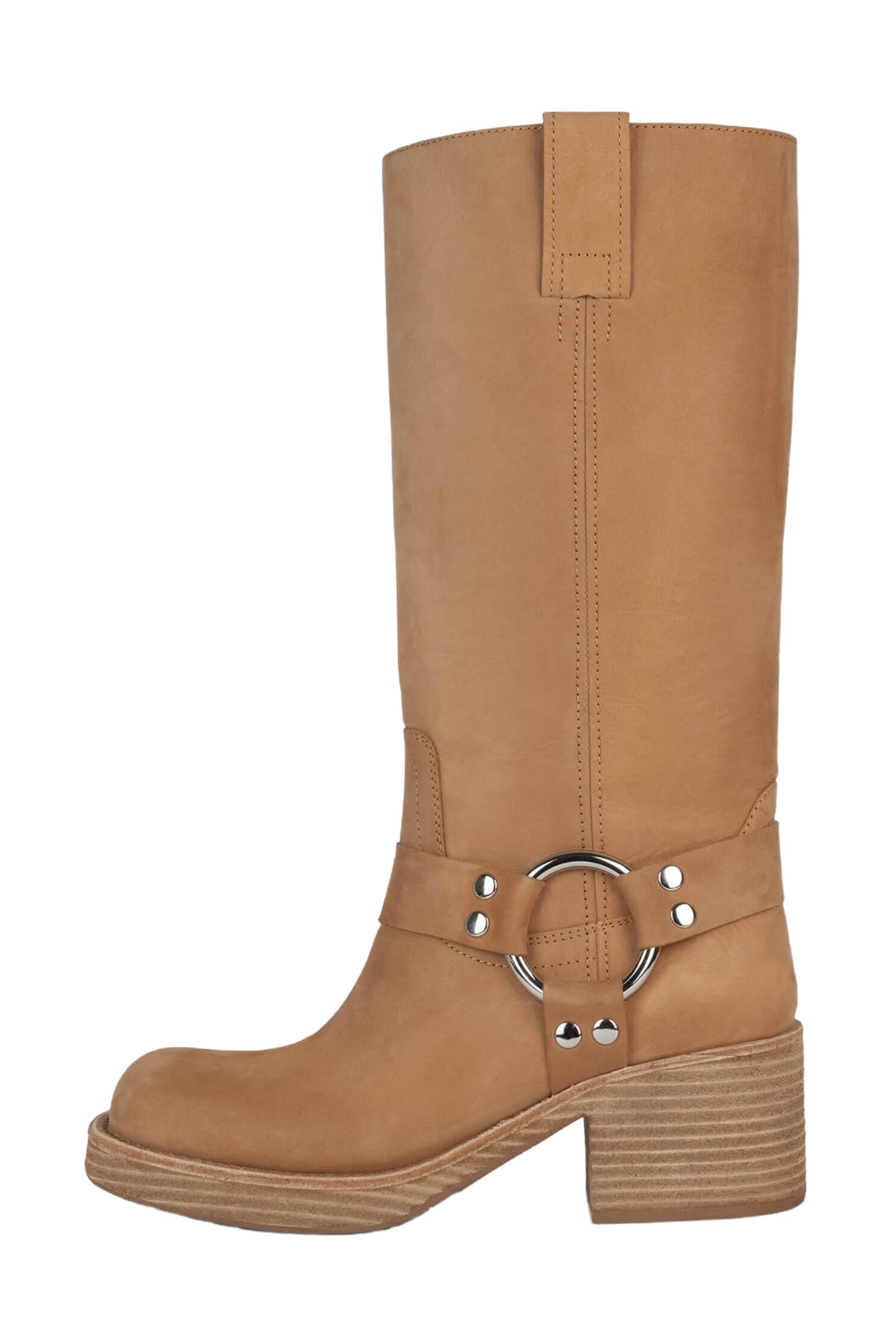 sexytag Women's Knee High Boots Buckles Biker Motorcycle Boots Studded Block Heel Riding Boots for Women Round Toe Western Boot