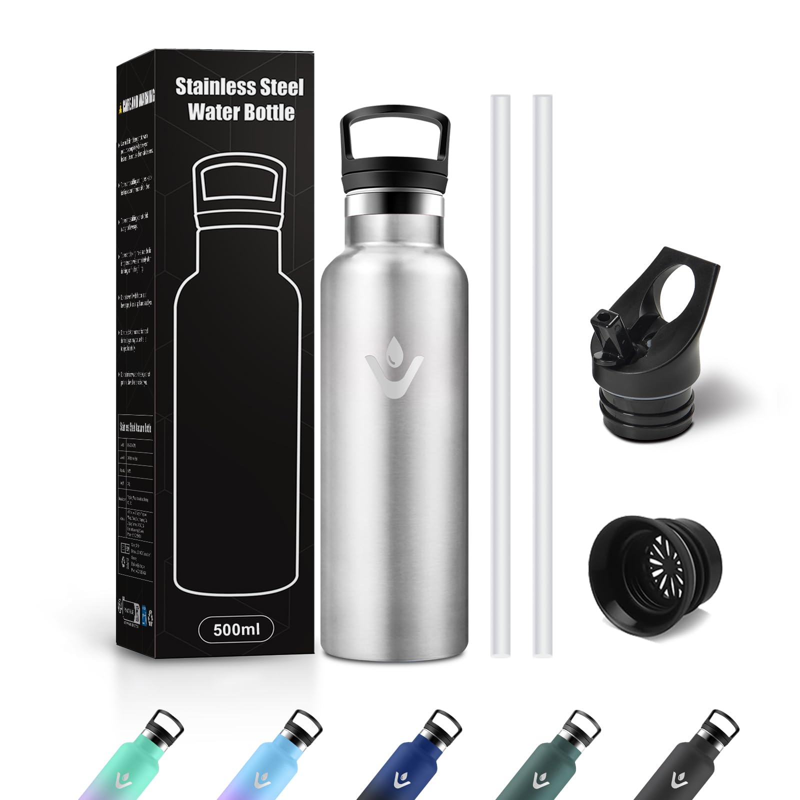 Borraccia Acciaio Inox 500ml, Bottiglia Acqua con Cannuccia, Riutilizzabile, senza BPA, a prova di perdite, Termos per Scuola, Campeggio