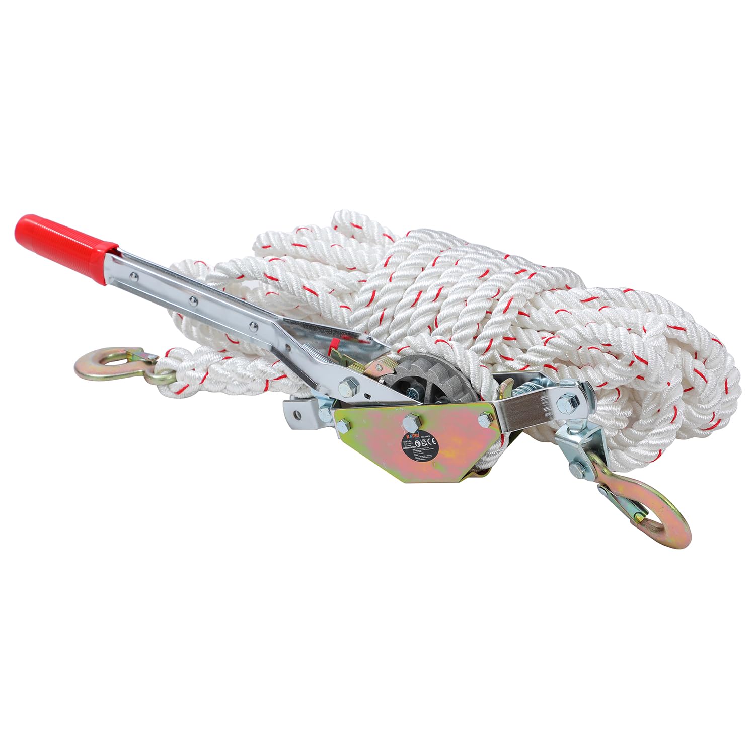 KATSU Tools Tirante a Corda con Cricchetto Pesante, Capacità 3/4 Ton, Corda 15m x 15mm, 2 Ganci in Acciaio, Verricello per Barche, Rimorchi, Tronchi e Abbattimento Alberi