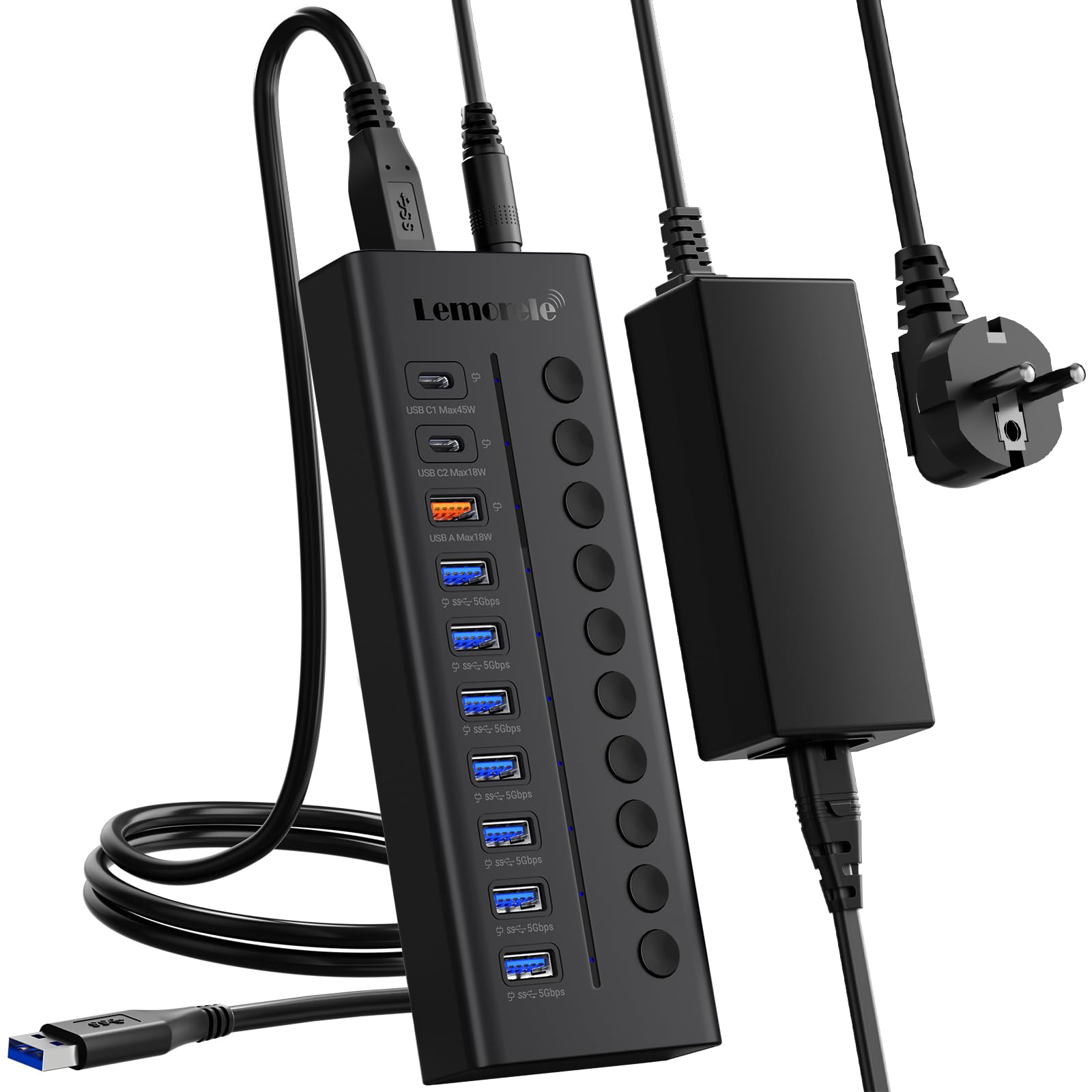 Lemorele 10-Port Super Speed USB 3.0 Hub-Powered USB Hub with 72W Power Supply, USB Splitter Power, LED Individual Switches and 80cm Cable for PC/Laptop/Ultrabook/Desktop