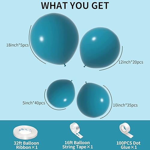 Miniatura 2 de Globos azul pavo real, globos de látex azul turquesa 5, 10, 12, 18 pulgadas, diferentes tamaños, 103 piezas de globos de color azul turquesa, kit de