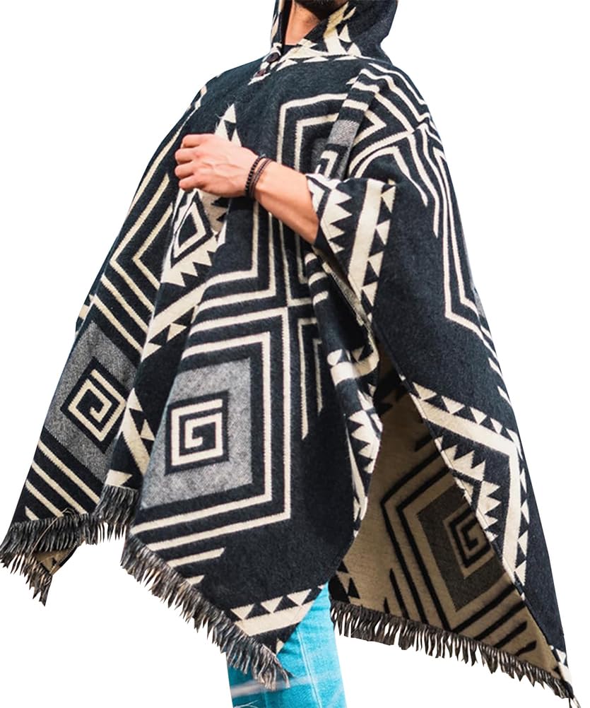 Zynqora Men's Aztec Mexican Poncho with Hood Wool Western Boho Fringe Adult Warm Winter Blanket Cape Outfit Shawl,Black,XL