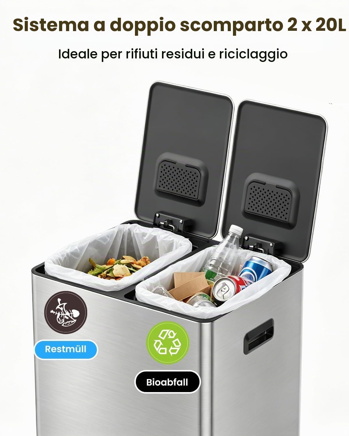 YEAUPE PRO Pattumiera Cucina 40L (2 × 20L) con Pedale, Pattumiera Doppia 2x | 20L per Raccolta Differenziata Acciaio Inox Coperchio Soft-Close, Secchi Interni Estraibili, Anti-Odore, 15 Sacchetti Inclusi