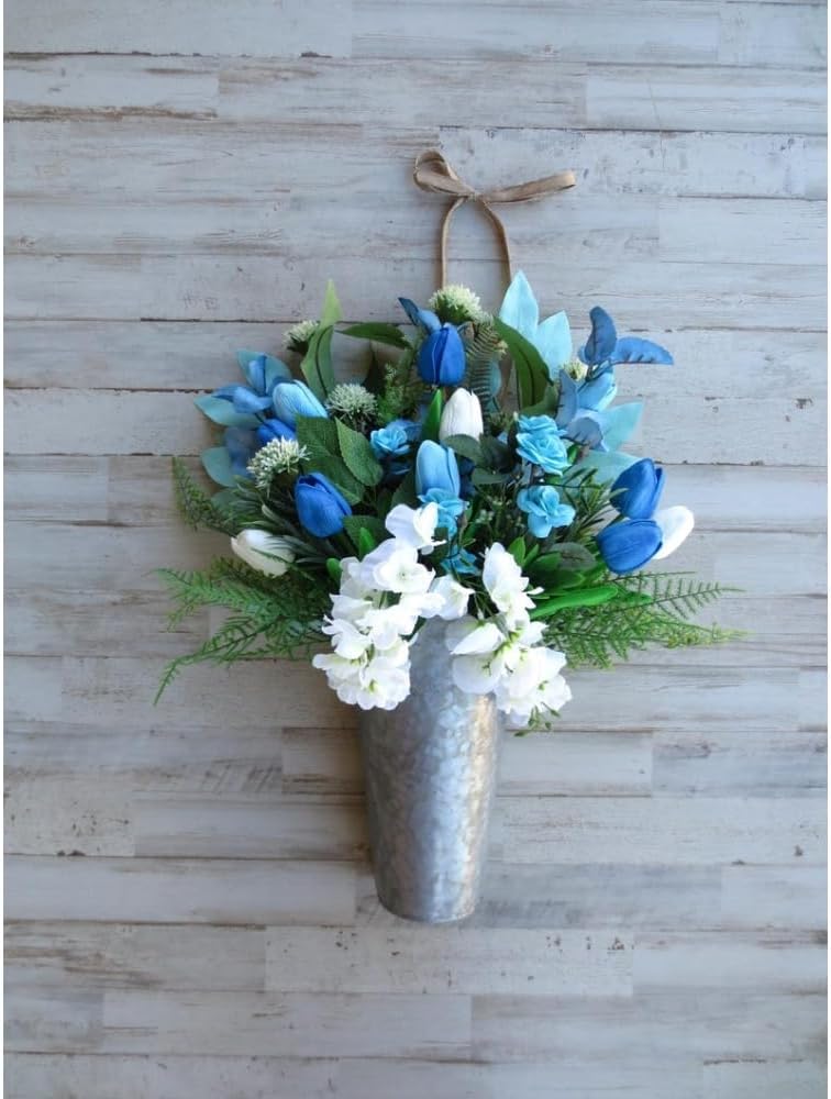 Blue and White Tulip Wreath, Teal Rose Floral Wreath for Front Door, Farmhouse Spring Summer Wreath with Greenery in Galvanized Metal Container
