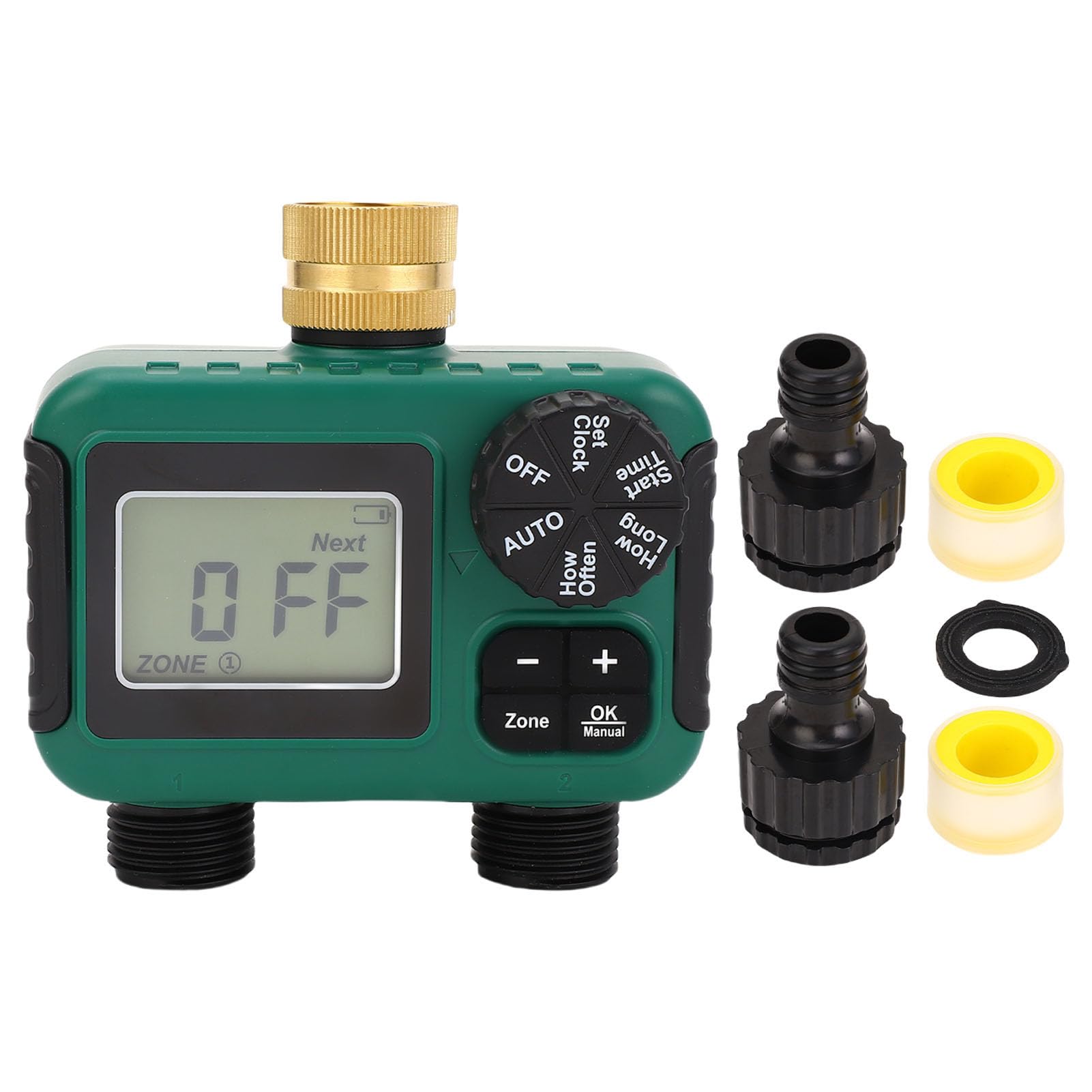 Timer per Tubo Flessibile a 2 Uscite Ingresso in Ottone Display LCD Impermeabile IPX5 Programmazione Semplice con Blocco Bambini per Irrigazione a Zone