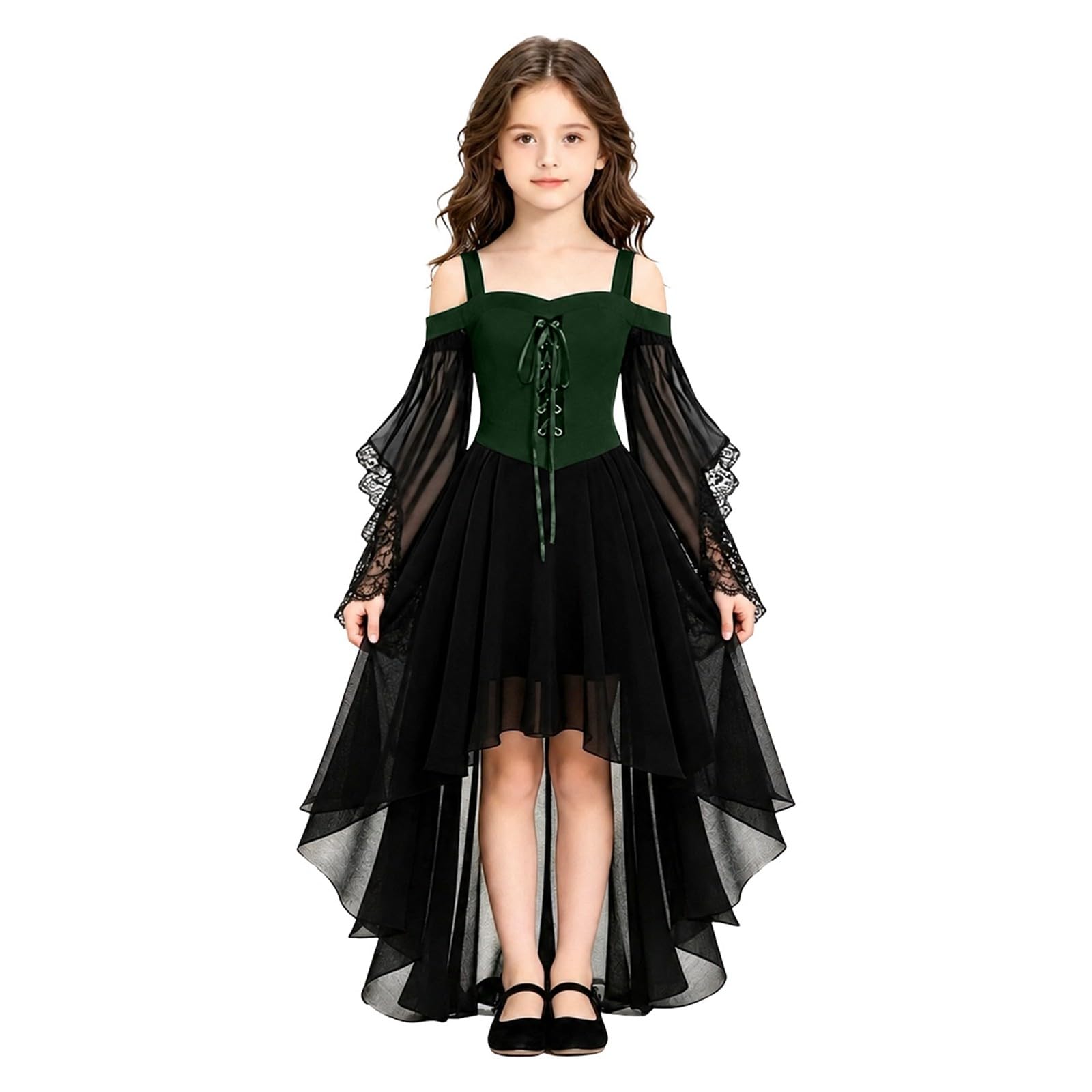 Vokuhila - Vestito medievale per Halloween, per bambine, gotico, cosplay | Vestito da principessa per bambini, a maniche lunghe, con spalle scoperte, in pizzo, stile vittoriano, vampiro, carnevale
