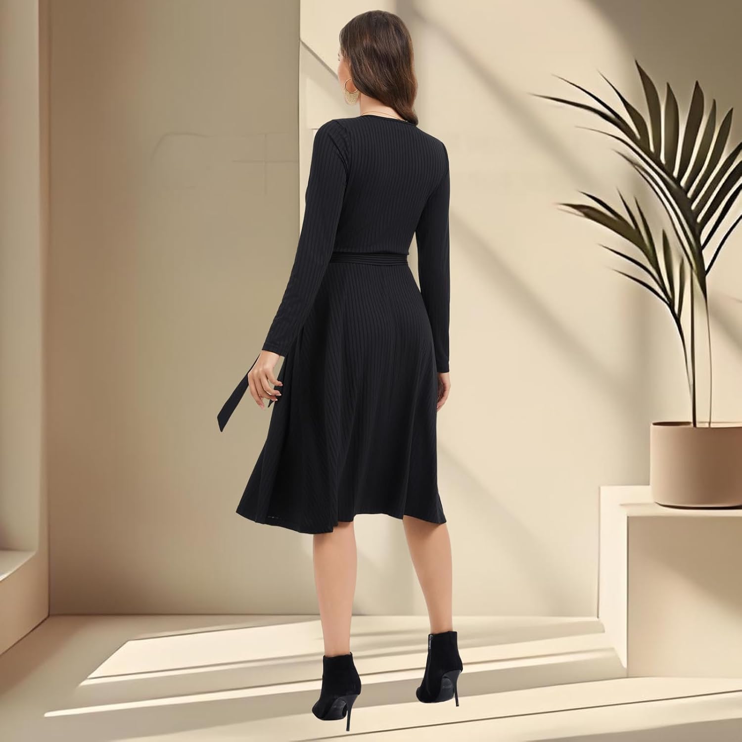 shengfan Women's V Neck Casual Long Sleeve Sweater Dress Wrap Work Wedding Dresses with Belt - Image 2