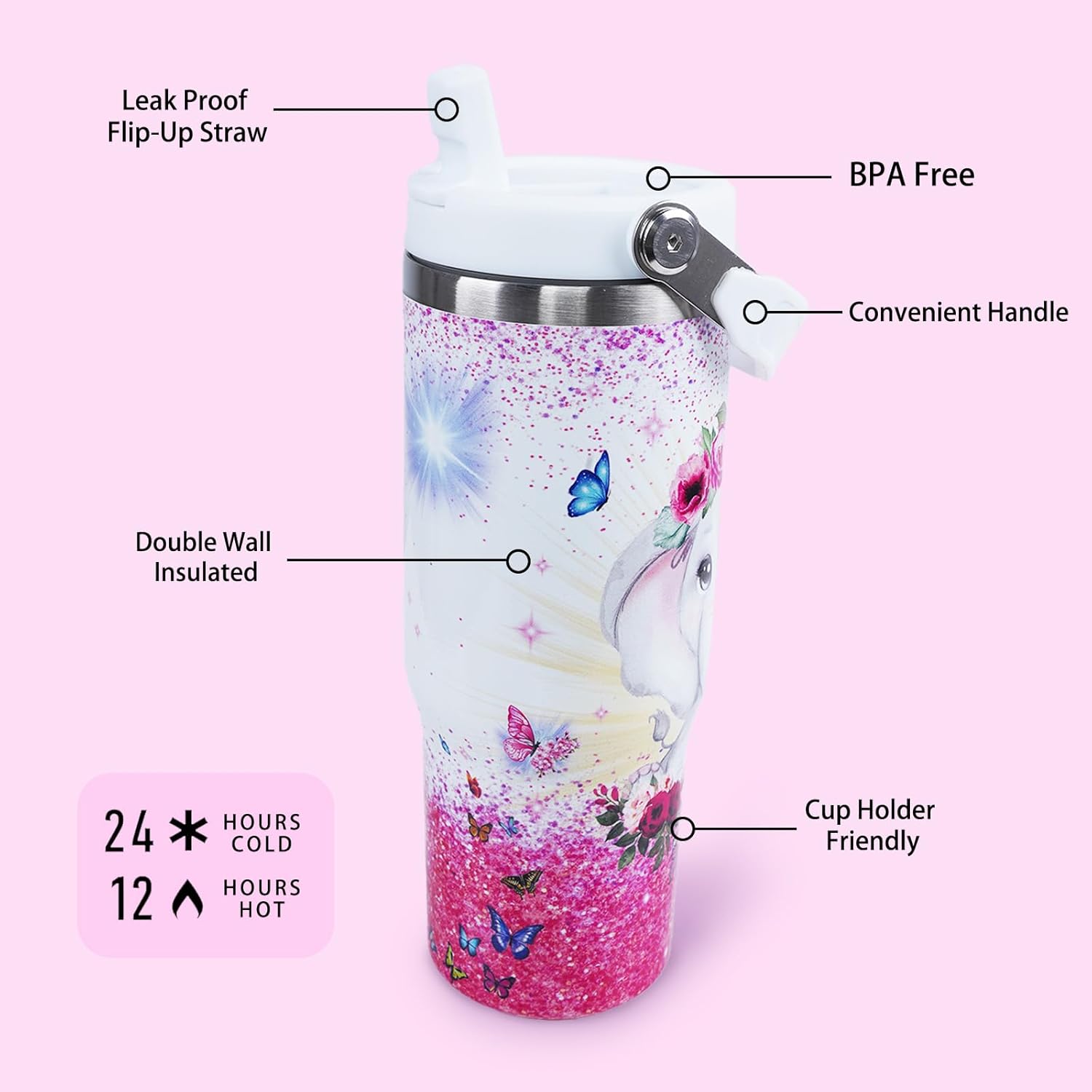 Elephant Mug 30 oz Tumbler with Handle Flip Straw Leak Proof - Elephant Gifts for Women 30oz Tumbler 30 Ounce Travel Coffee Mug - Birthday Gifts for Women Friend Daughter Lover - Image 2