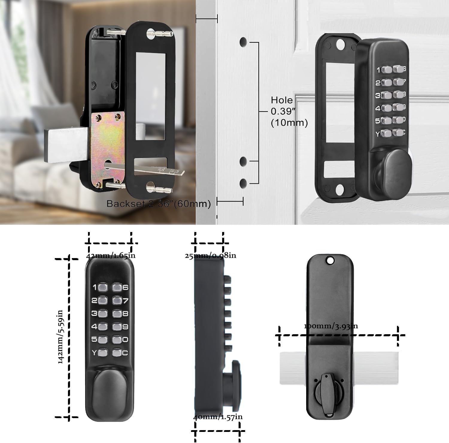 Cerradura de Código Mecánica, Cerradura Puerta Exterior con Codigo Sin Llave, Aleación de Zinc Cerraduras de Combinación Mecánica con Teclado de Una Cara 12 Teclas para Hogarn Garaje Hotel (negro)