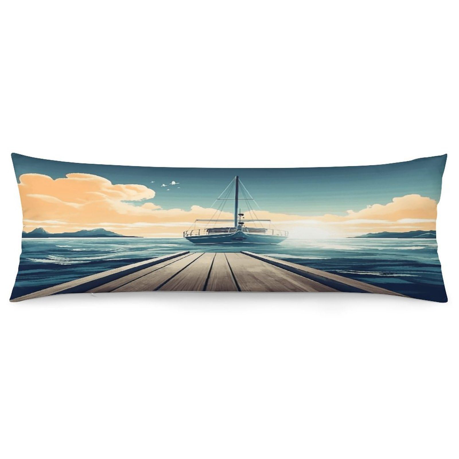 Boat Seascape Theme Pillowcase Long Body Pillow Cover Soft Decorative Body Pillow Case Breathable Large Pillowcase Cute Cozy Pillow Protector for Bed Sofa Couch Room 18.9 X 53 Inch
