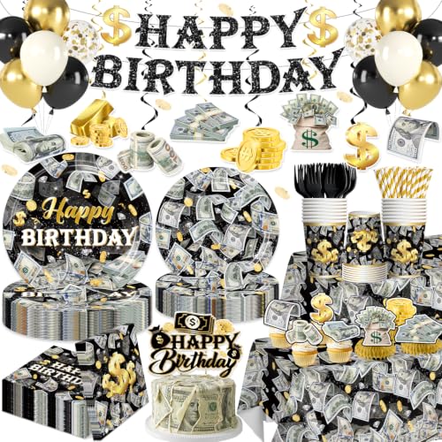 Yingoto 205Pcs Money Birthday Decorations Tableware Set, 25 Serves