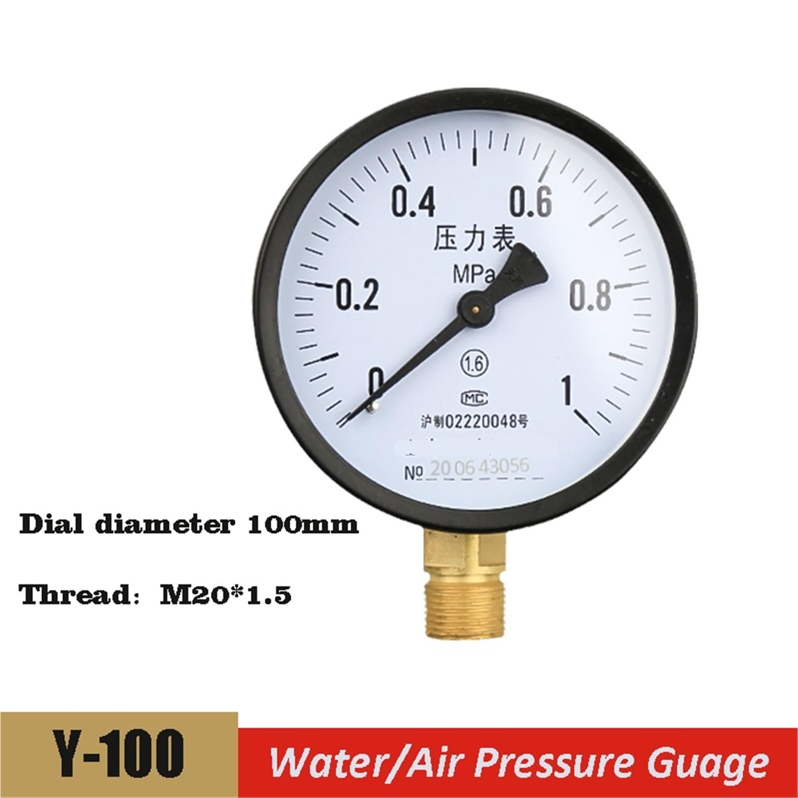 Manómetro de presión de agua/aire/vacío con dial de 100 mm Manómetro universal de agua a gas con rosca métrica M20*1,5 Unidad Manómetro Mpa(Only Gauge,0-0.1Mpa)