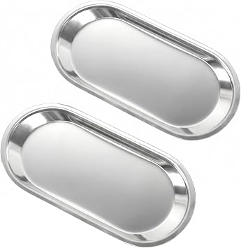 Silver Tray 2 Pack Stainless Steel Decorative Tray 7 in Vanity Tray Jewelry Dish Tea Fruit Cosmetics Clutter Storage Dish Plate Bathroom Kitchen Table Serving Platter,Oval,Silver