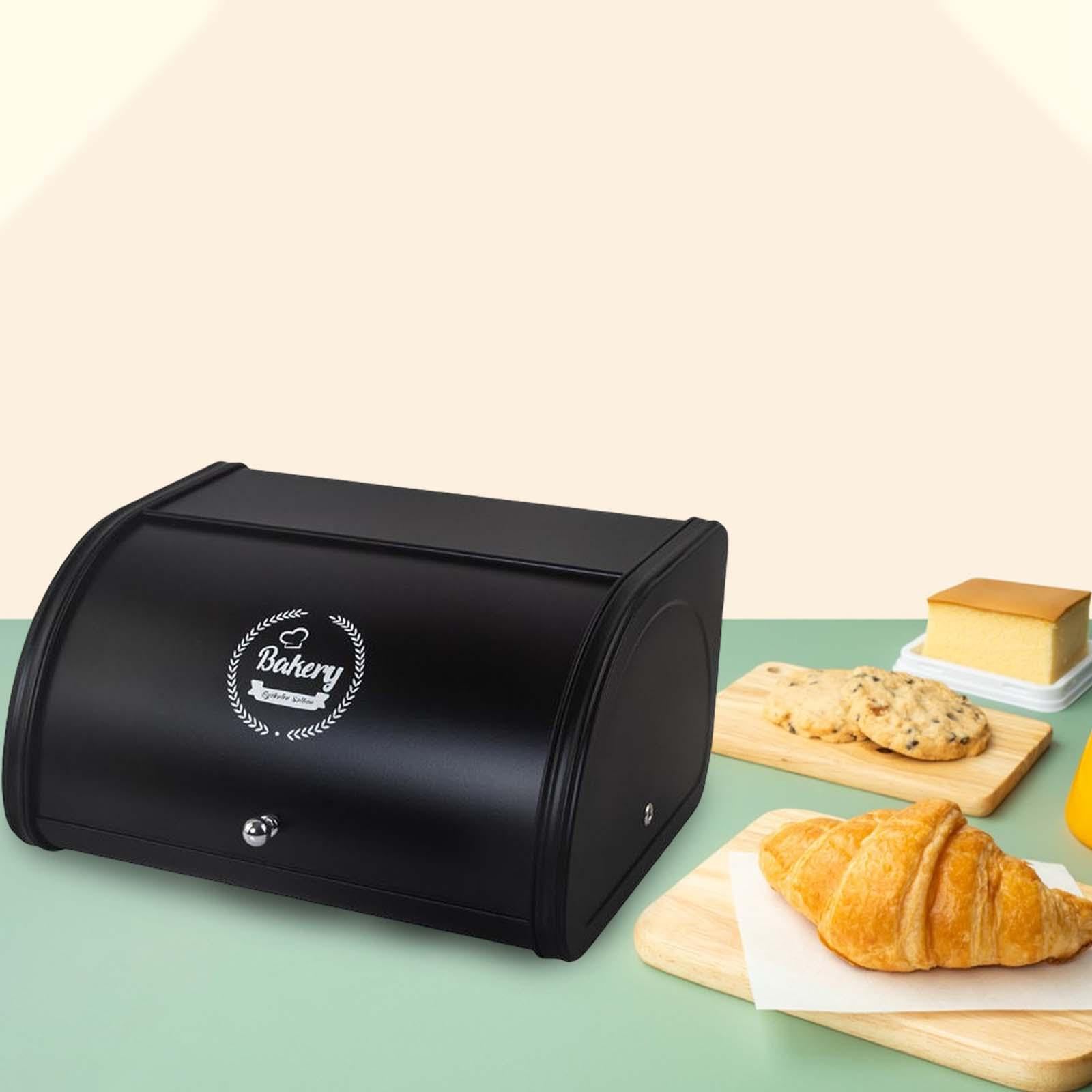Contenedor de pan elegante de metal con tapa enrollable. Ideal para organizar la encimera de la cocina y para repostería en casa. Caja de metal con, Negro, 315 x 255 x 170 mm