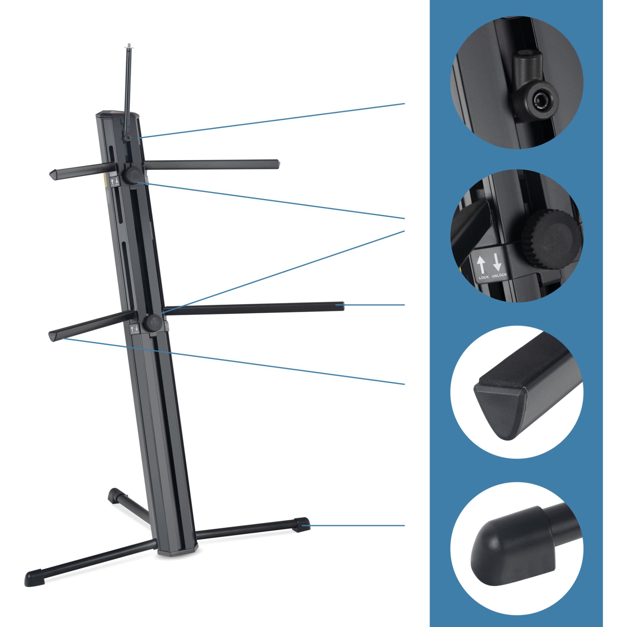 Classic Cantabile Supporto Tastiera KS-150 Nero - Due Livelli - Bracci di Supporto Riponibili nel Montante - Regolazione Altezza Continua - Porta Microfono con Filettatura 3/8" - Nero