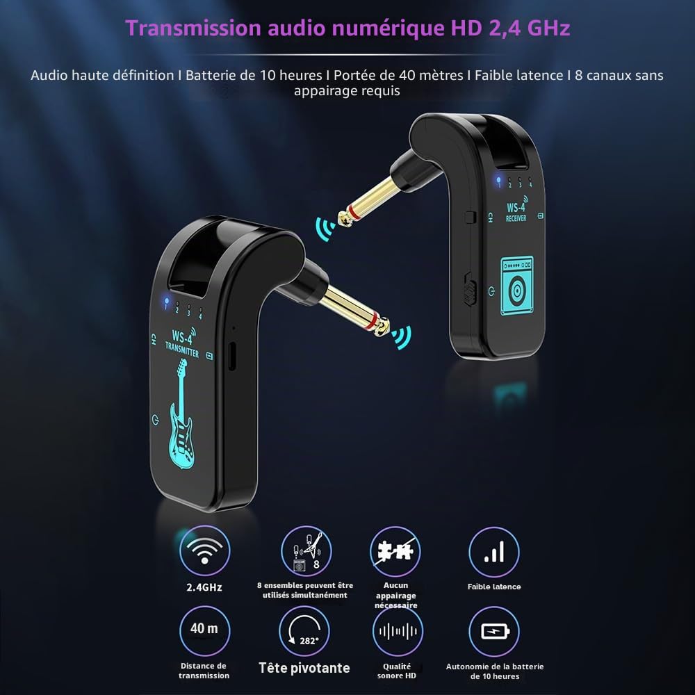 Kavolet Système de guitare sans fil 2,4G, émetteur et récepteur de guitare rechargeables, avec 10 heures d’autonomie de batterie, Plug and Play, transmission en temps réel 48K/16bit, connecteur