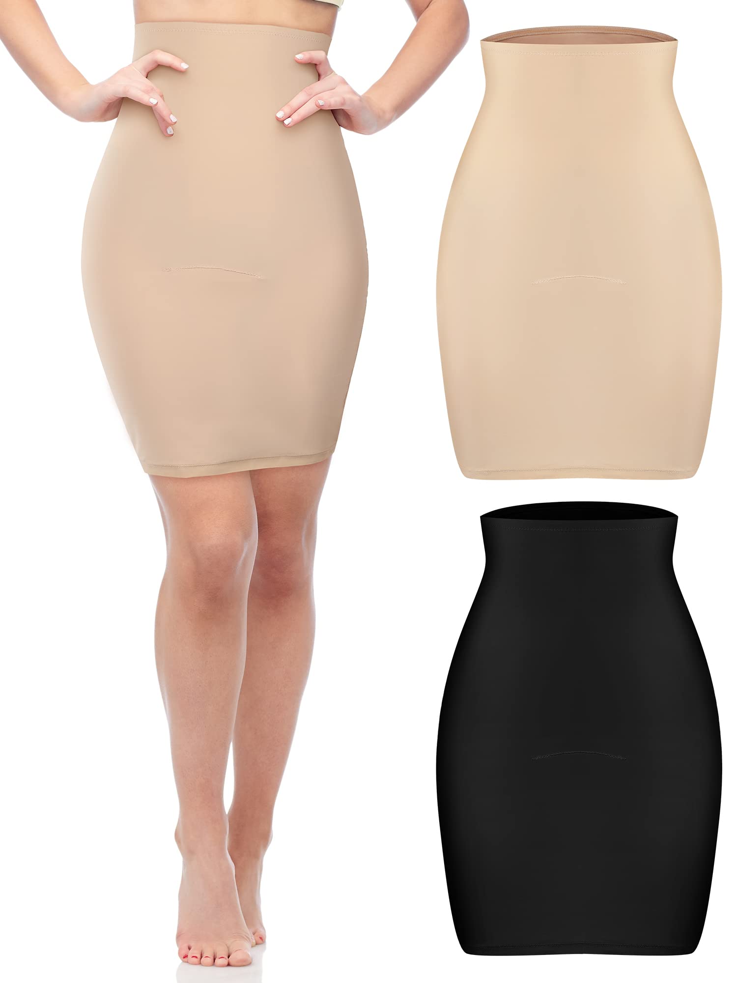 2 Pieces Seamless Slips for Women Under Dresses Tummy Half Slip Body Shaper Skirt High Waist Shapewear Beige Black