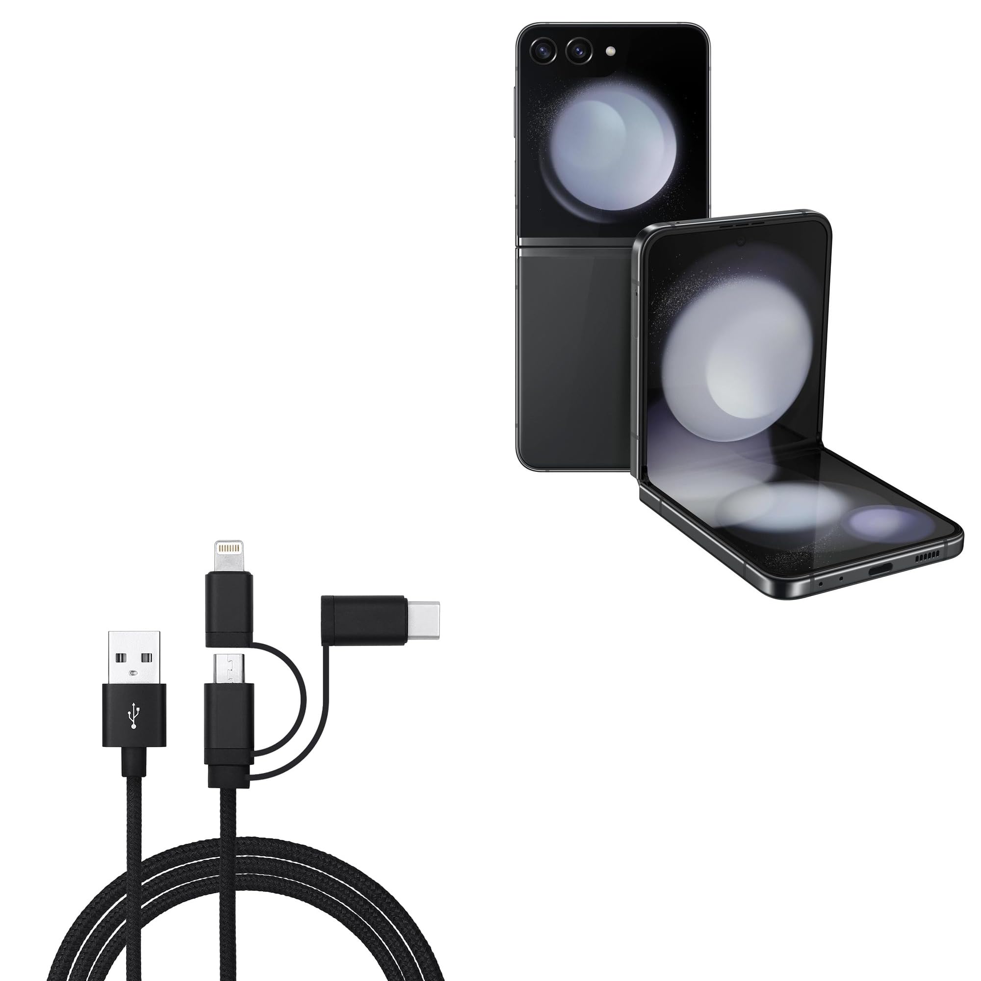 BoxWave Cable Compatible with Samsung Galaxy Z Flip 5 - AllCharge 3-in-1 Cable - Jet Black