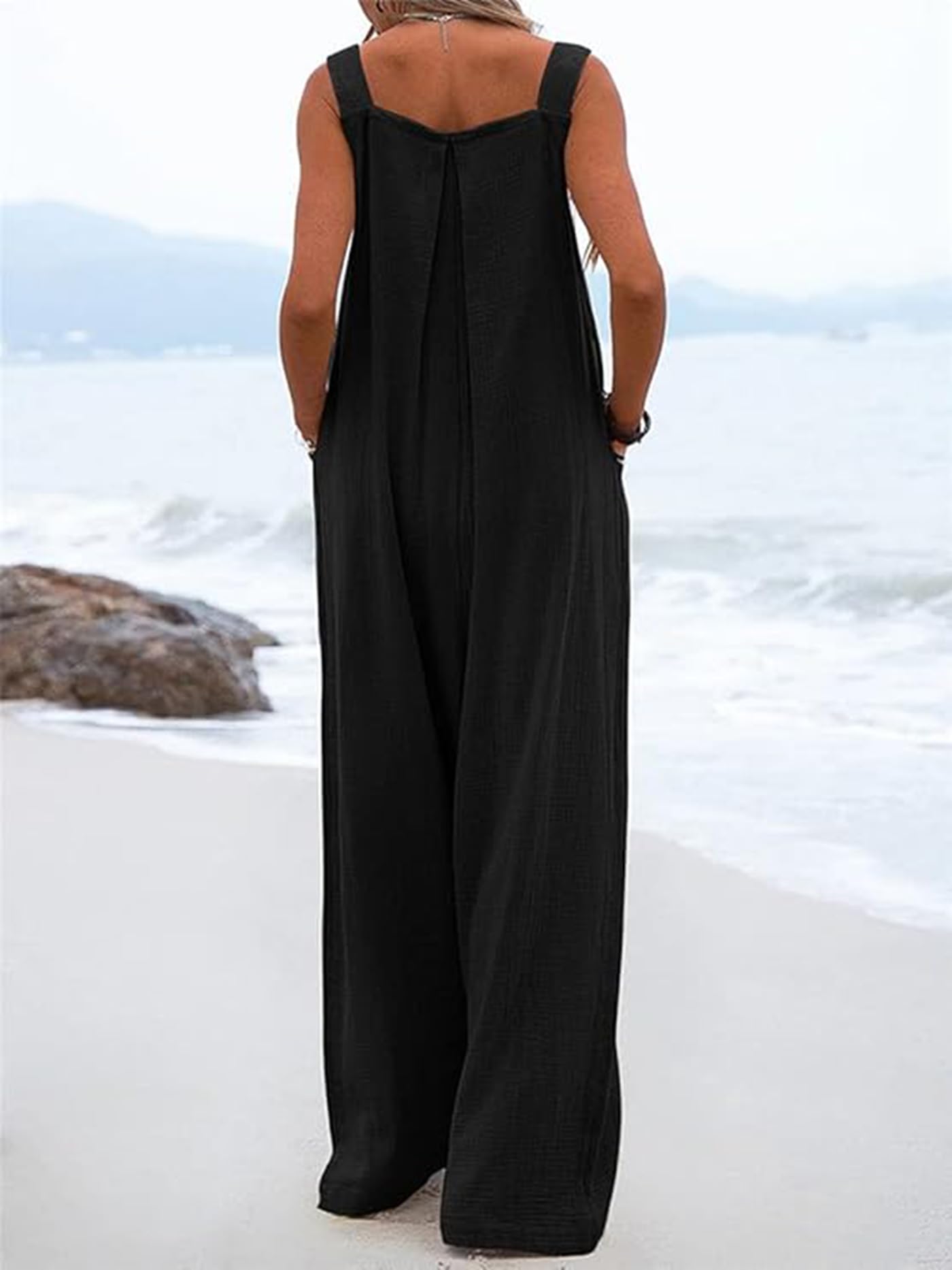 Salopette d'été pour femme - Jambes larges - Avec poches - Combinaison ample décontractée pour femme - Sans manches - Bretelles réglables - Fermeture à boutons