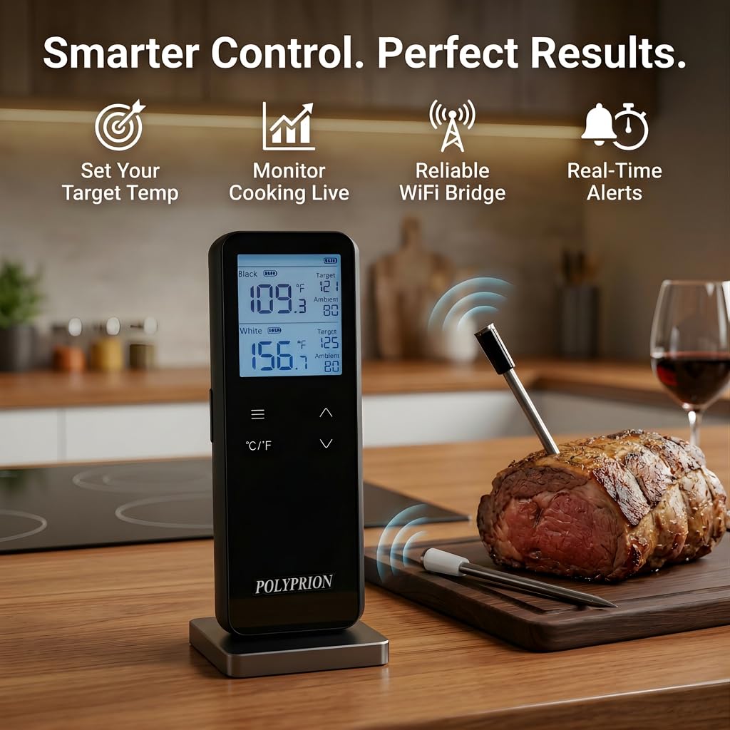 Termometro intelligente wireless per carne con WiFi e Bluetooth, 2 sonde digitali, controllo della temperatura in tempo reale, controllo tramite app, impermeabilità IP67, per barbecue, grill