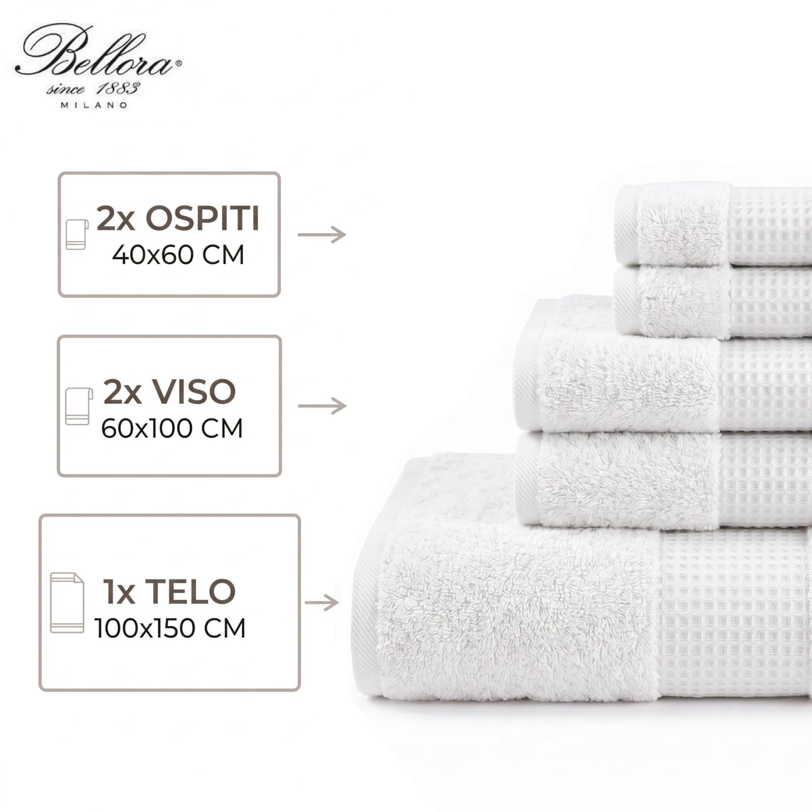 Bellora Set 5 Pezzi salvietta Telo + Ospite e Media, articolo FIOCCO (B00 Bianco)