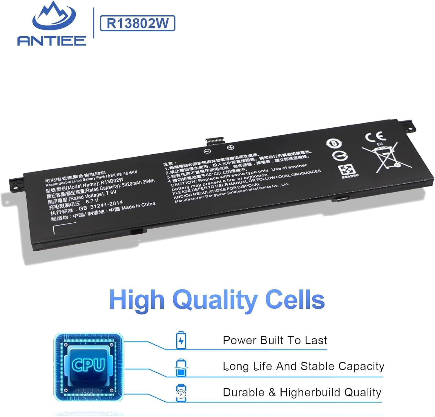 ANTIEE 39Wh R13B01W R13B02W Laptop Batería Compatible with Notebook Air 13.3 2018; Notebook Battery for Mi Laptop Air 13 2018 13.3-Inch Series 7.6V 5320mAh
