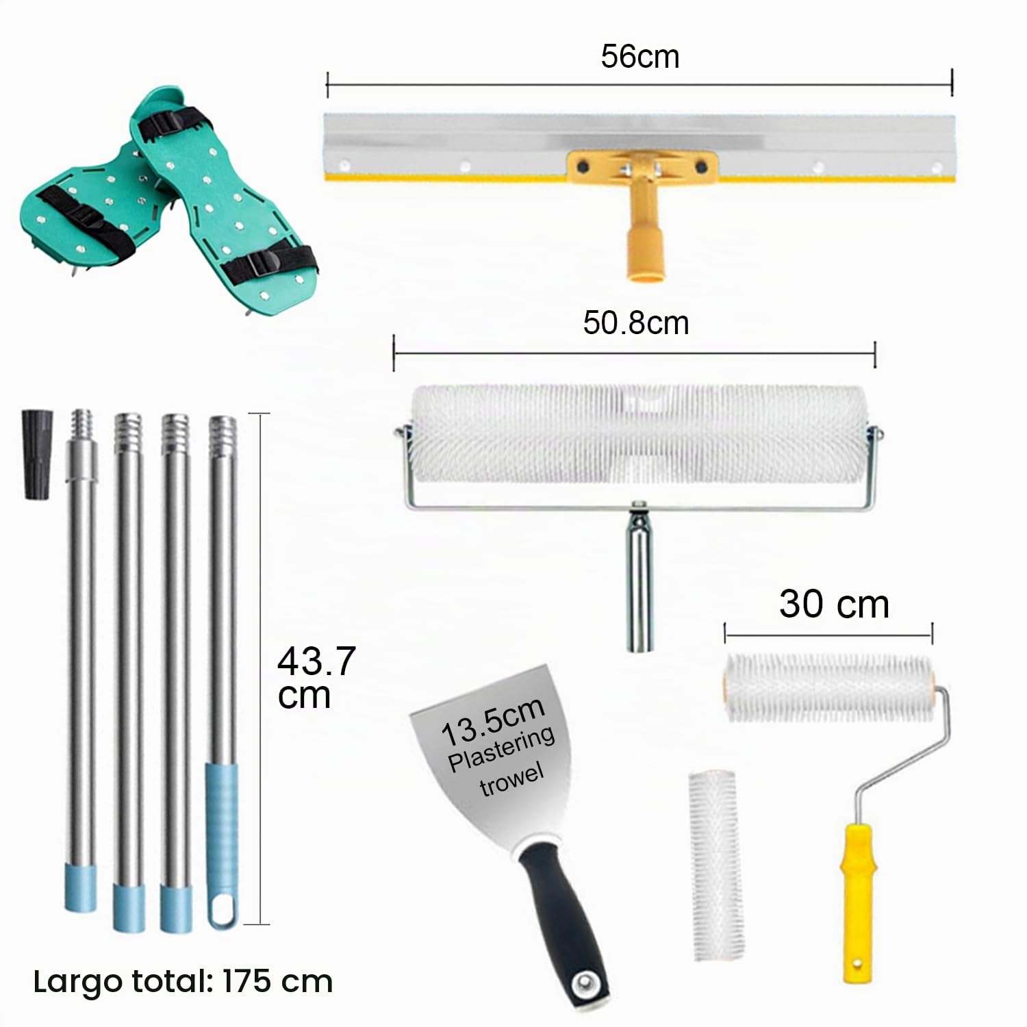 Kit De Herramientas De Autonivelación De Cemento,Palo Telescopico Limpieza 175 cm,Rodillo De Púas 13 mm,56cm y Zapatas De Clavos 30 mm,Rodillo De Pintura,Para Nivelar La Pared Del Suelo Compuesto