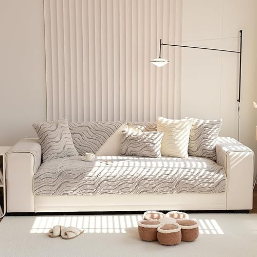 Miniatura 2 de vctops Funda de piel sintética de conejo para sofá, funda geométrica de felpa mullida para sofá seccional, antideslizante, suave y cálida, protector