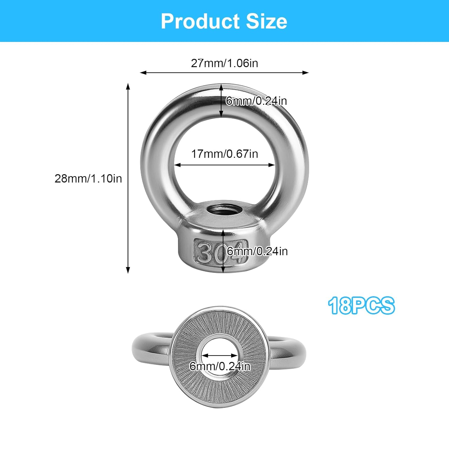 Pack of 18 Ring Nuts M6, 304 Stainless Steel Eye Bolt M6 for Lifting Equipment Accessories Rope Assembly Lifting Accessories, Eye Nut Internal Thread for Attaching Hanging Ornaments Flower