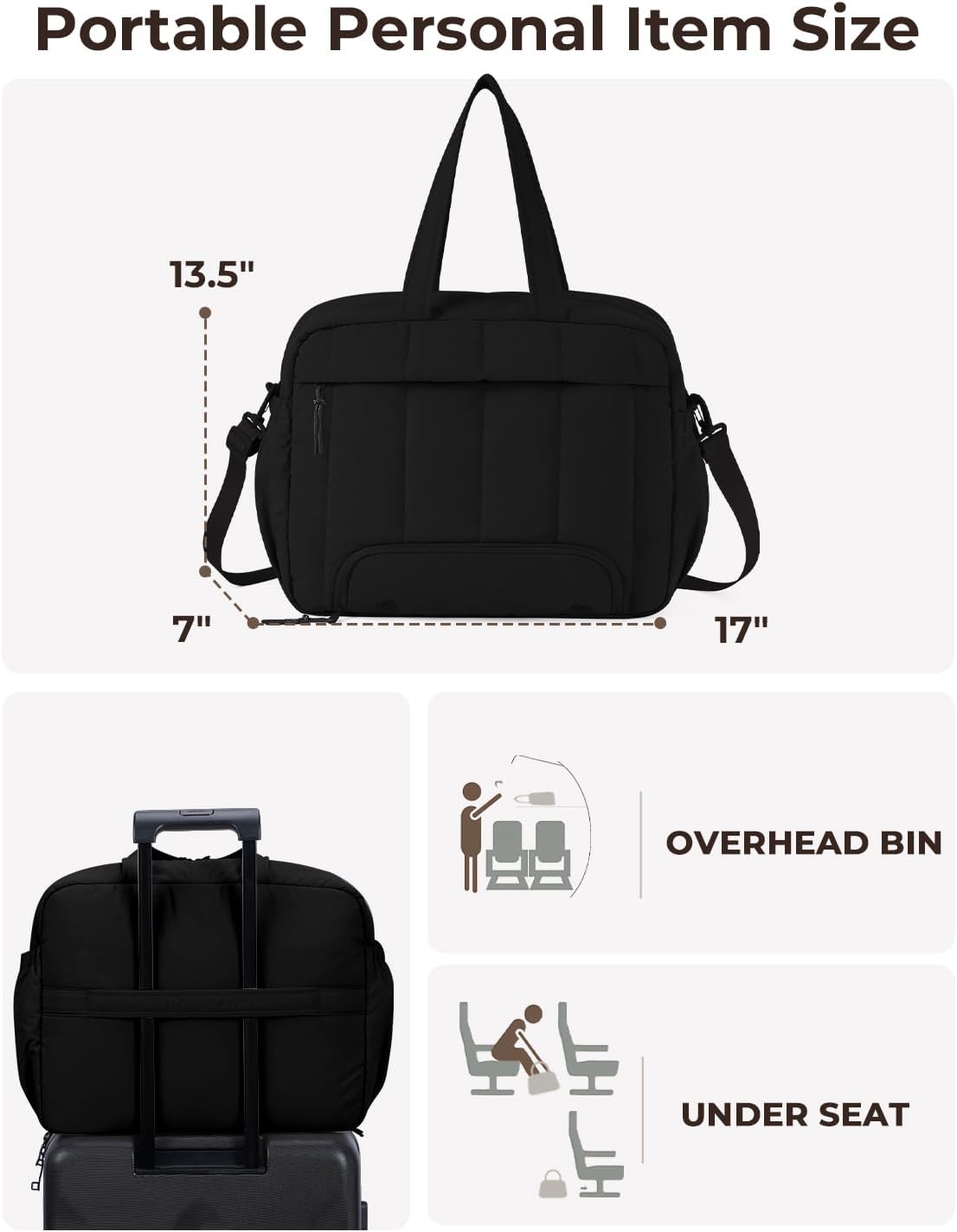 For Spirit Airlines Personal Item Bag 18x14x8 Puffer Travel Duffel Bag with Shoe Compartment Underseat Carry on Luggage Fit 15.6-Inch Laptop Gym Bag for Women Men (Black)