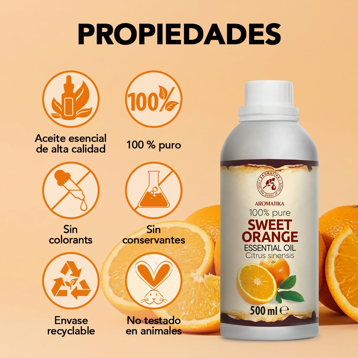 Aceite Esencial de Naranja Dulce 500 ml - Citrus Sinensis - Natural y Puro - Aceite de Naranja para Difusores - Fragancias para el Hogar - Jabones y Velas - Sauna - Aroma Cítrico - Aromaterapia