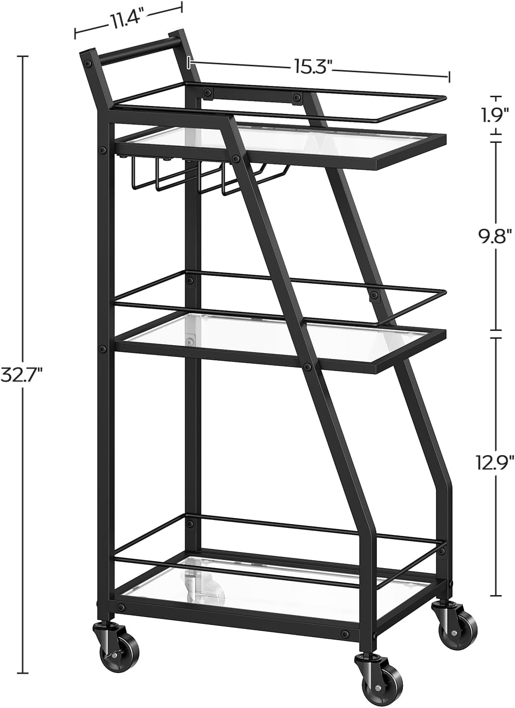 YATINEY Bar Cart for The Home, 3-Tier Serving Cart with Wheels, Drink Cart with Glass Holder, Rolling Beverage Cart for Kitchen, Party, Black BC03BK