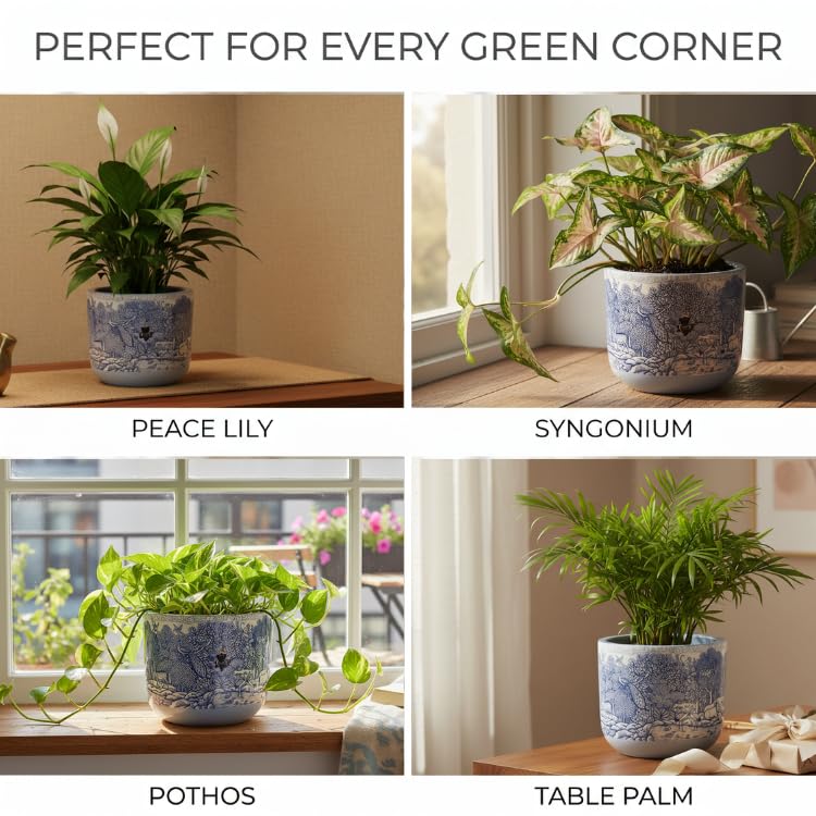 Image of Glass Finish Terracotta Planter Pot for Home Decor | Flower Pot | Blue and White, Krishna and Peacock Theme, 11.4cm x 10cm