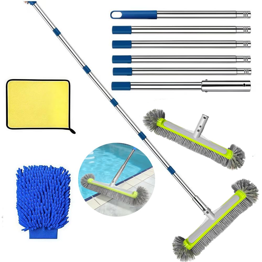 Poolbürste mit Stiel, Pool Reinigungsbürste 45cm,Poolbesen mit Längenverstellbarer Aluminiumstange und verstärkter Aluminium Rückseite,Pool Bürsten Set für Pool Reinigung