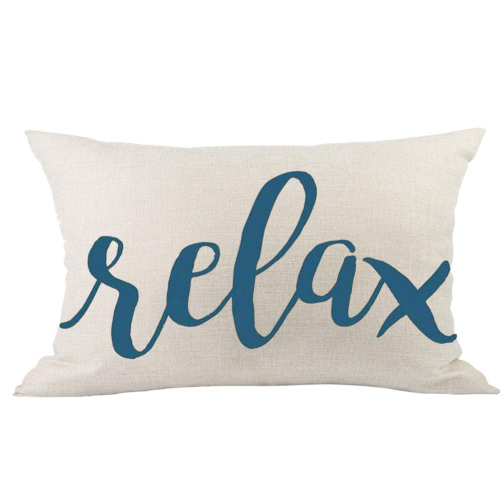 Blue Word Art Relax Summer Home Decor Lumbar Decorative Pillowcase Cotton Linen Throw Pillow Cover Cushion Case Rectangular 12 x 20 Inches