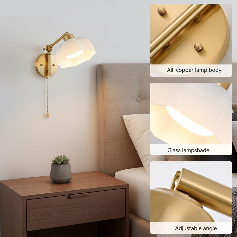 Swing Arm Wall Sconce, Brass Wall Light, Mounted Indoor Reading Lamp with White Pleated Glass and Pull Chain for Bedroom, Living Room, Study, Bedside, Entryway, Hotel Decor Parlor