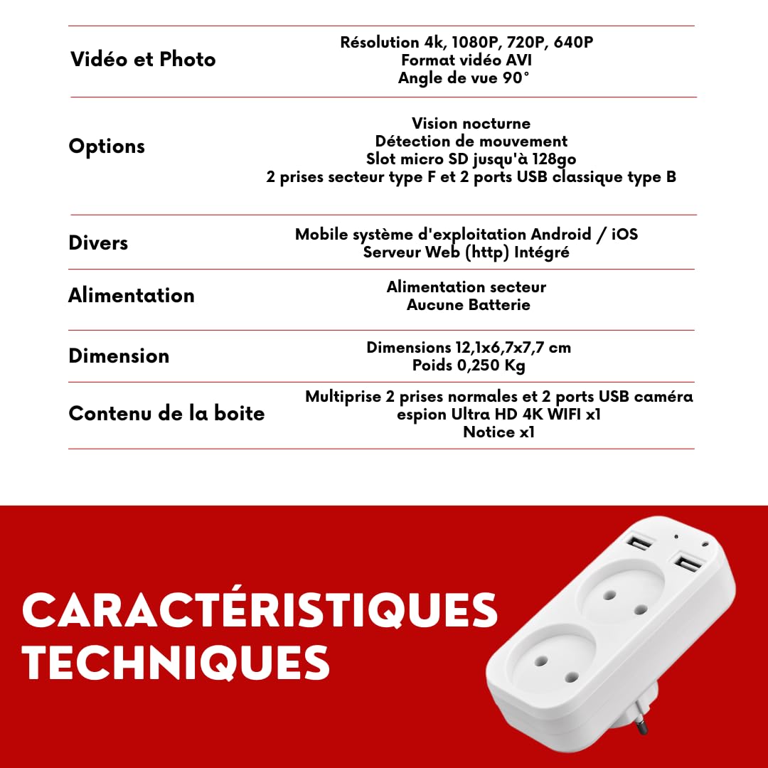 Genérico Multitoma Cámara Espía 2 enchufes Ultra HD 4K WiFi