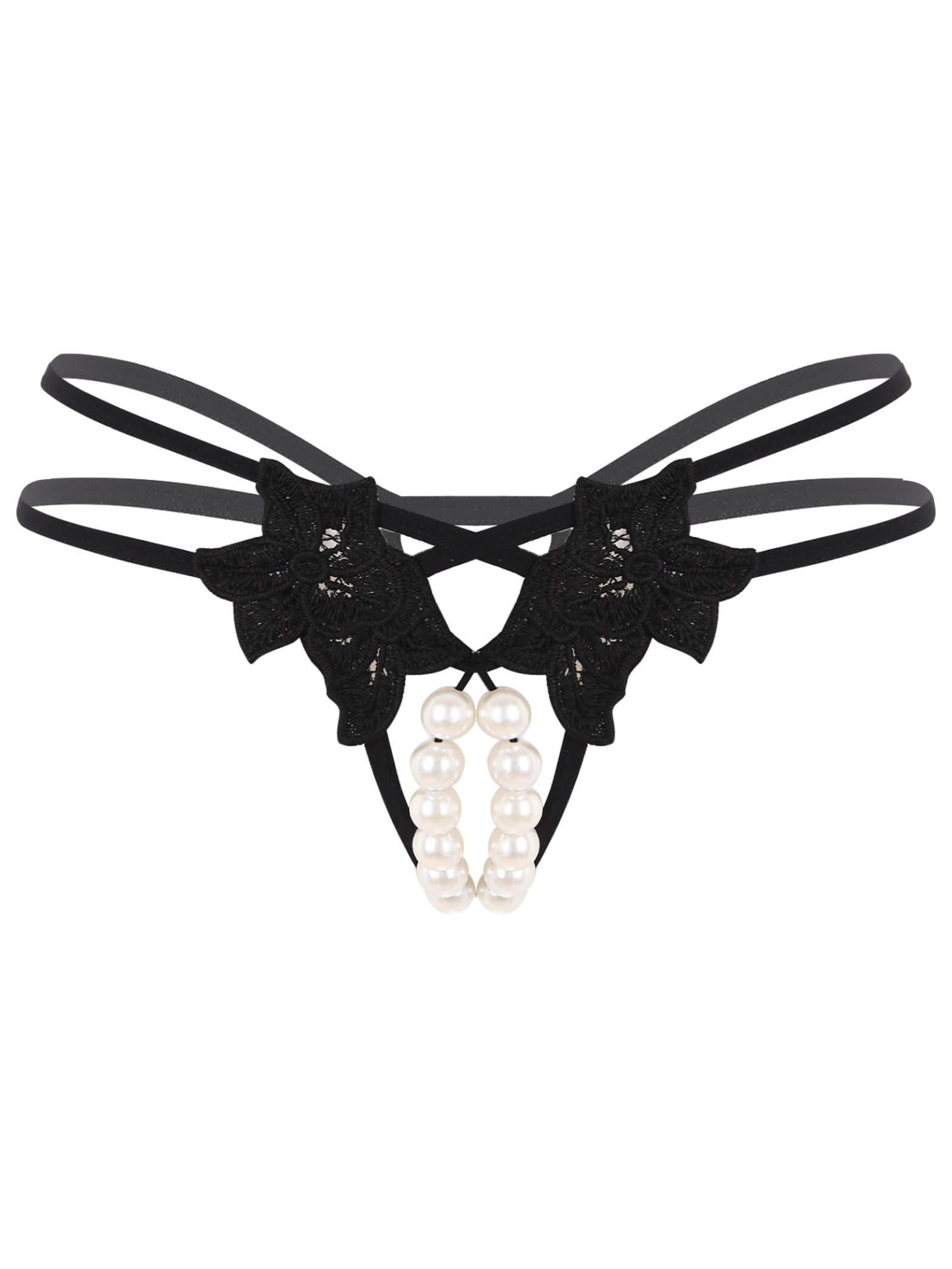 Rswnyirn Womens Hollow Out Lace Panties Low Waist Thongs Y-Back G-String with Pearls Ball