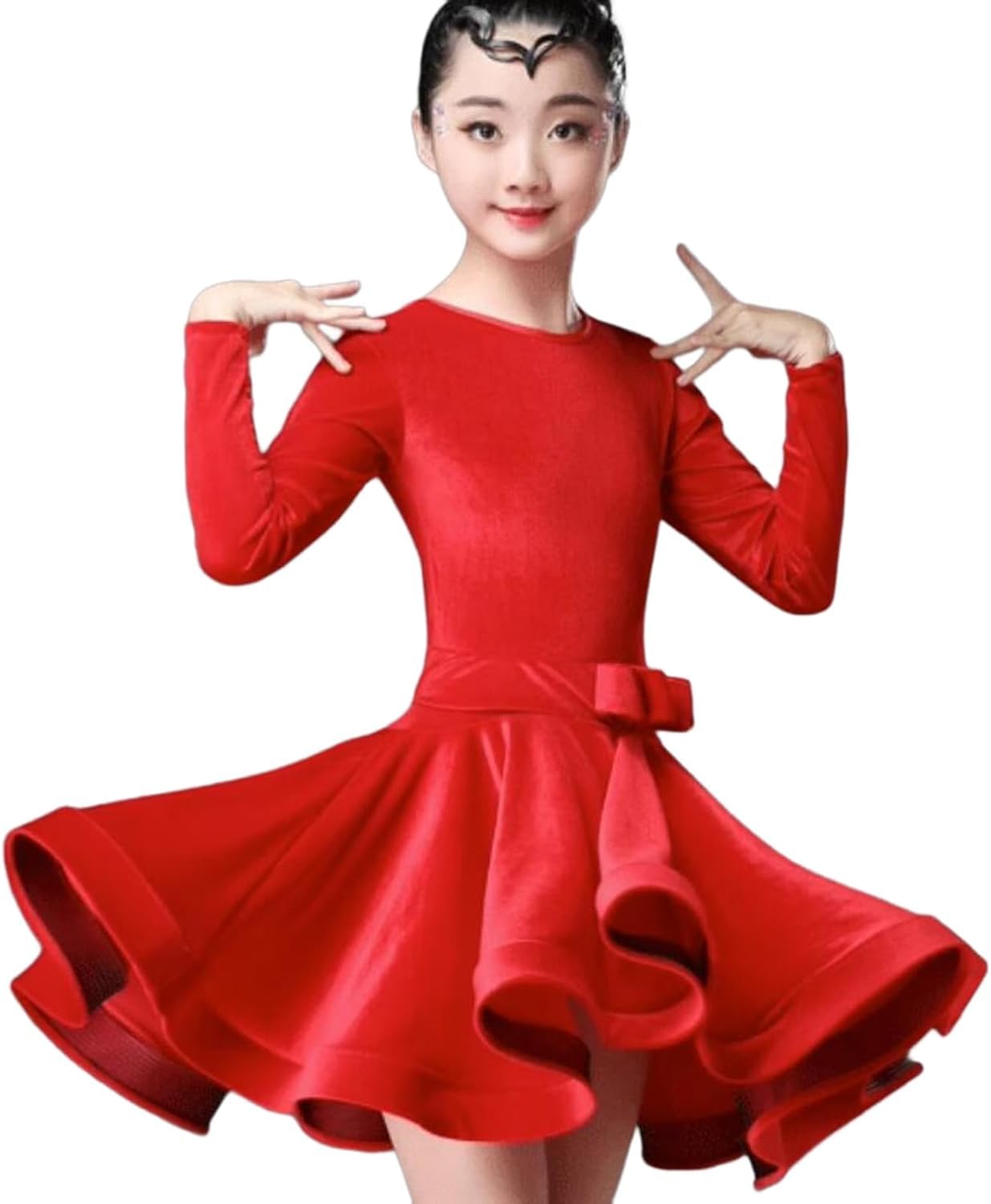 Yxyjlb Unisex Kids Red Girl Latin Dance Dress Mordern Ballroom Dancing Dresses For Kids Salsa Tango Skirt Girl Velvet Practice Wear Competition Dance Pratice Costumes(,140)