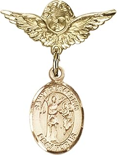 14kt Yellow Gold Baby Badge with St. Sebastian Charm and Angel w/Wings Badge Pin 1 X 3/4 inches