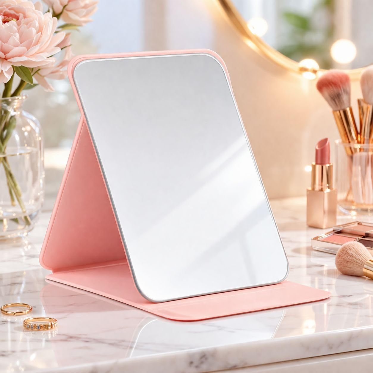 Eletree Frameless Foldable HD Glass Makeup Mirror with Adjustable Stand Tabletop Travel Vanity Mirror for Makeup, Travel, Office, Home Use 16x11cm Pink 1