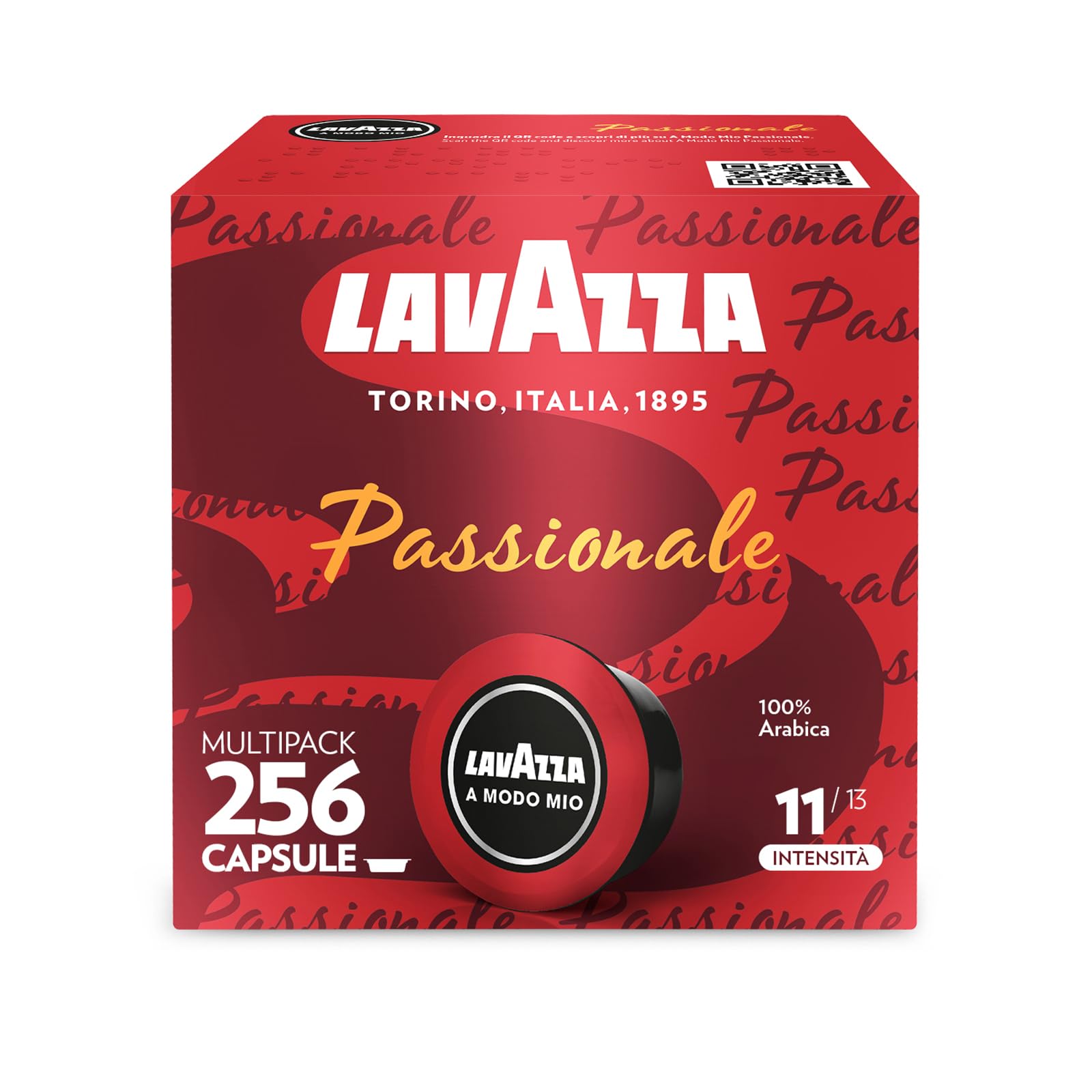 Lavazza, A Modo Mio Passionale, 256 Capsule Caffè, per un Espresso con Note di Caramello e Cioccolato, 100% Arabica, Intensità 11/​13, Tostatura Scura, 16 Confezioni da 16 Capsule
