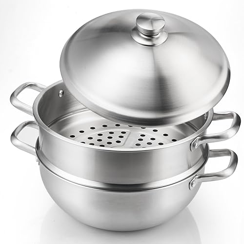 Miniatura 9 de Delarlo Utensilios de cocina de acero inoxidable de tres capas de 7 cuartos de galón con tapa de vidrio, olla caliente para cocina todo sartén, olla