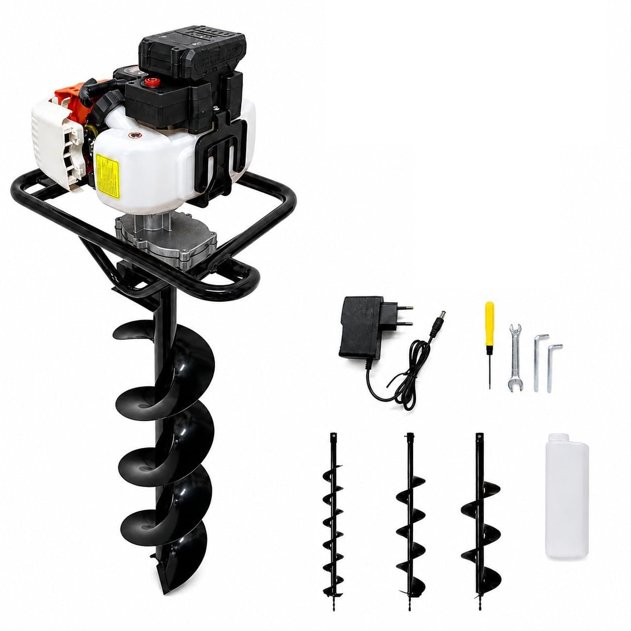 Mototrivella a Scoppio 52cc 1.45kW 7500RPM Avviamento Facile Elettrico + Manuale con 3 Punte intercambiabili da Ø 100, 150, 200 mm Trivella da Giardino e campi, Utilizzo Professionale e Fai da