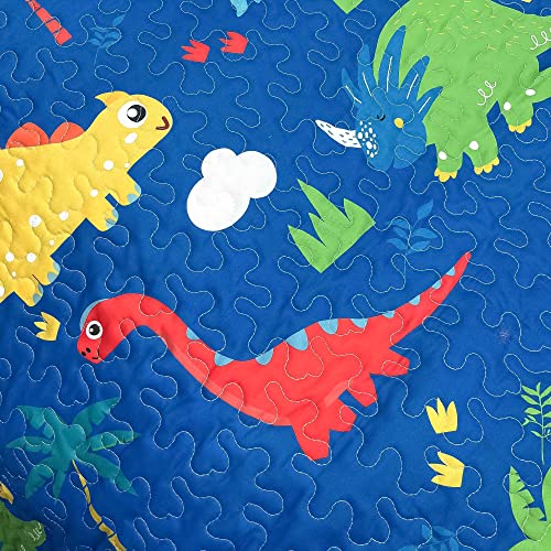 Blue Dinosaurs Kids Quilt Set For Boys Queen Size 3-Piece Kids Comforter Bedding Set Reversible Quilted Bedspread Coverlet Jurassic Dinosaurs Lightweight Bed Sheet Set Cover Blanket With 2 Pillowcase #TOP4