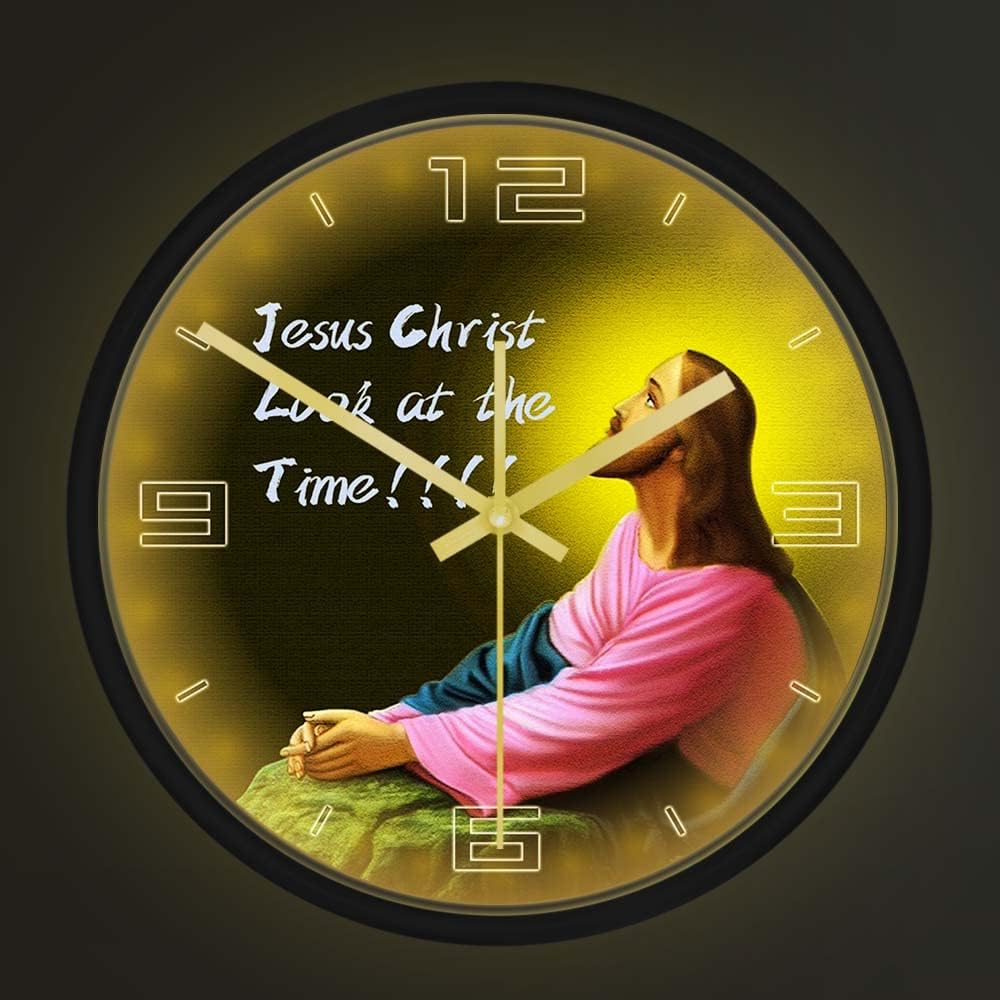 Geek Alerts 12inch Voice Control LED Light Clock, Jesus Christ Look at The Time Metal Frame Wall Clock Battery Operated Quartz Religious Watch for Church Cathedral Baptism Christian Home Decor