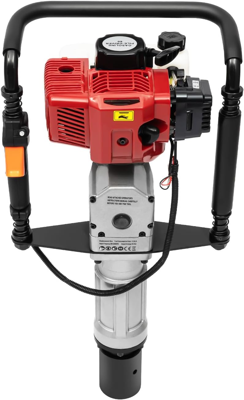 T-Post Driver, 52CC 1900W Heavy Duty Gas Powered Pile Driver with 2 Interchangeable Heads (2.17” & 2.76”), 8500RPM Impact Frequency & Shock Absorption, Alloy Steel Construction for Farm Fencing