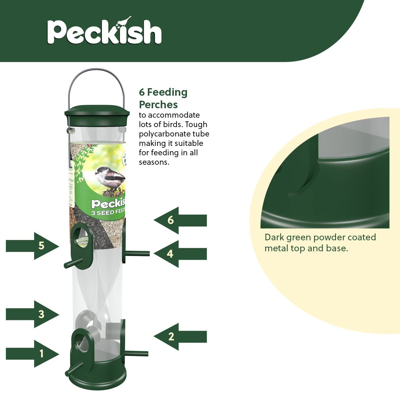 Gardman Peckish 60053042 - Mangiatoia a 3 semi, per tutte le stagioni, verde, altezza 47,6 cm