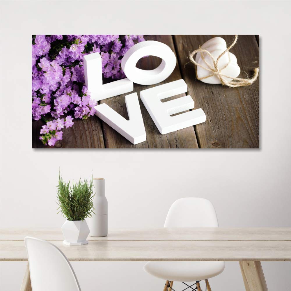 Quadri L&C ITALIA Provenzale Love - Quadro Shabby Chic con Scritta e Fiori Lavanada 90 x 45 Stampa su Tela Canvas da Parete per Soggiorno Moderno Cucina Camera Ragazza