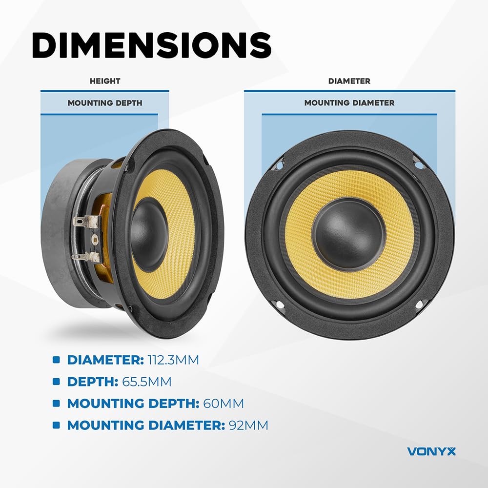 Vonyx WK10 HiFi Breitbandlautsprecher, 4 Zoll Einbaulautsprecher mit Kevlar-Membran, 150W Max, 8 Ohm, hitzebeständige Spule, Ferritmagnet, 92mm Durchmesser, Heimkino Basslautsprecher - Schwarz/Gelb